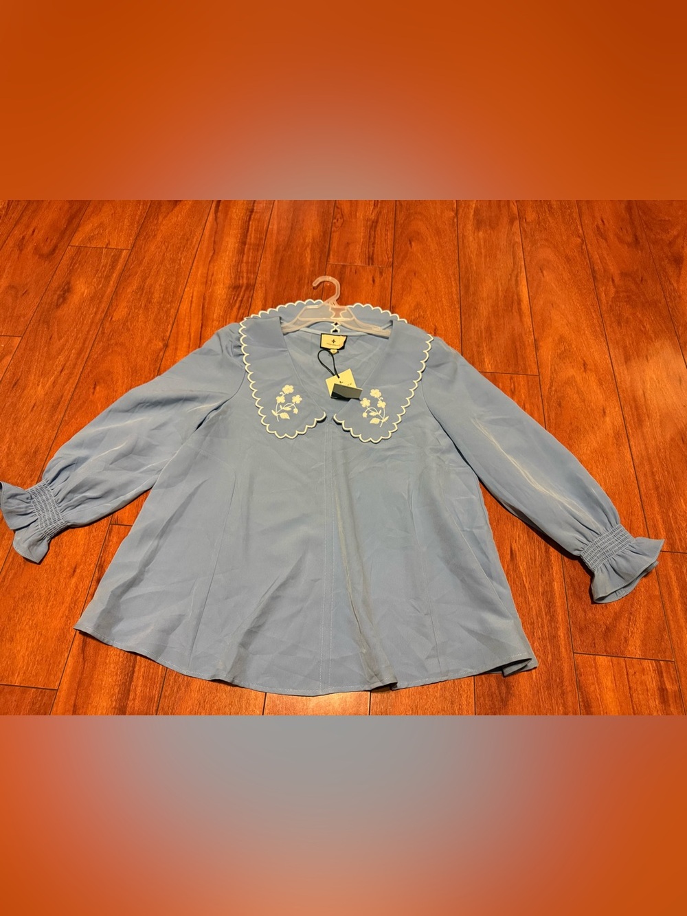 Tuckernuck Powder Blue Peter Pan Collar Blouse with White Embroidery